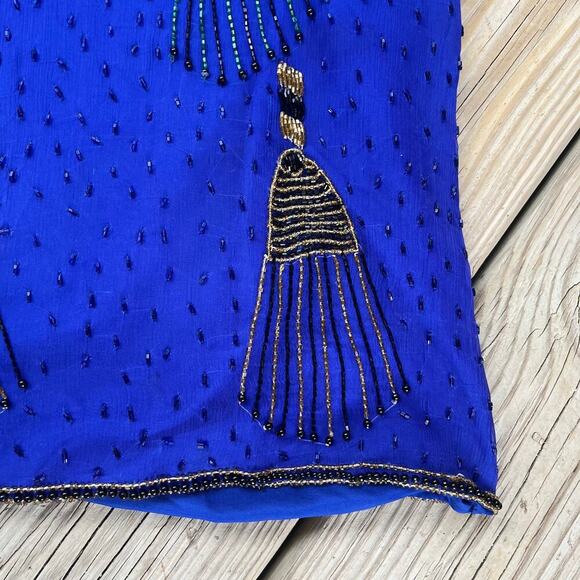 Laurence Kazar Vintage Royal Blue Beaded 100% Silk Evening Blouse Size M - Picture 4 of 10